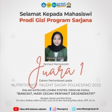 Selamat dan Sukses Kepada Mira Nur Safitri  Mahasiswi Gizi Program Sarjana berhasil memperoleh Juara 1 pada  Lomba NUTRITIONIST TALENT SHOW POLKESPAD 2022